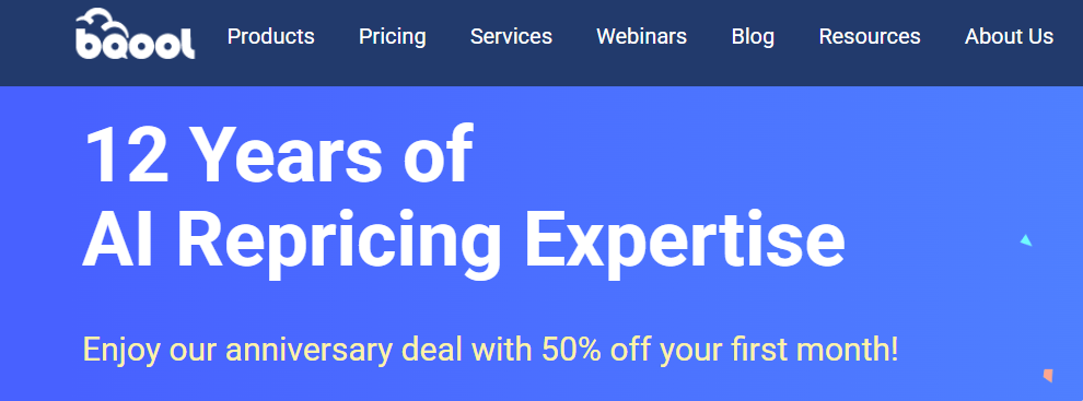 Bqool banner saying 12 years of AI repricing expertise