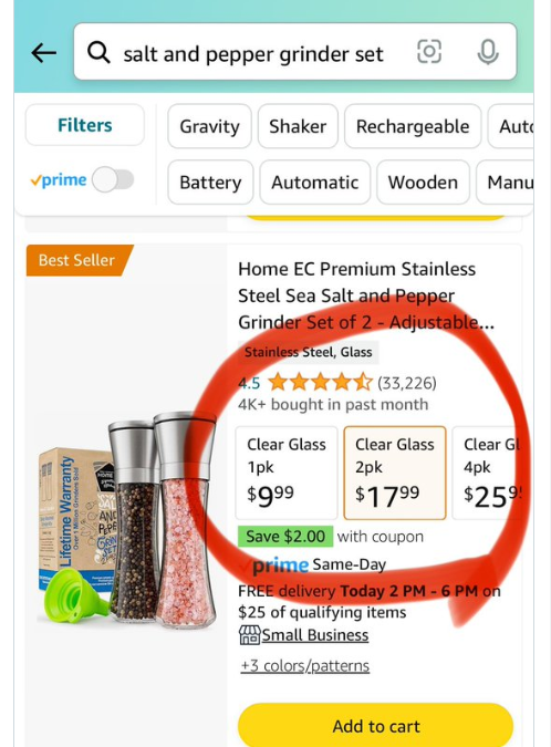 Product variations from search results